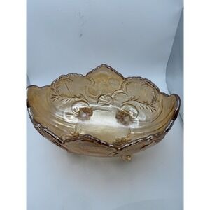 Vintage Jeannette Glass LOMBARDI FLORAGOLD Footed Marigold Fruit Bowl 9.5"